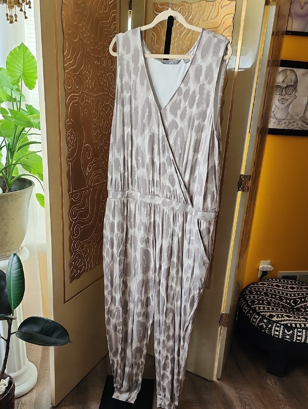 Sleeveless Taupe & White Animal Print Jumpsuit